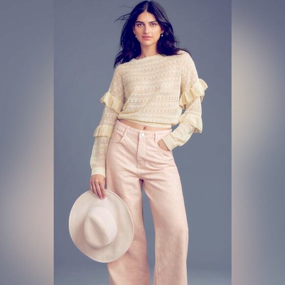 ANTHROPOLOGIE Womens Sweater Size XS Cream Sheer Open-Stitch Ruffle Coquette - Picture 4 of 12